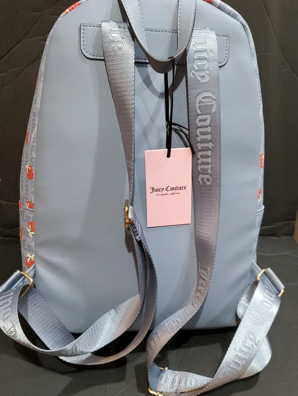 Juicy Couture berry sweet dusty blue red strawberry print monogram backpack new